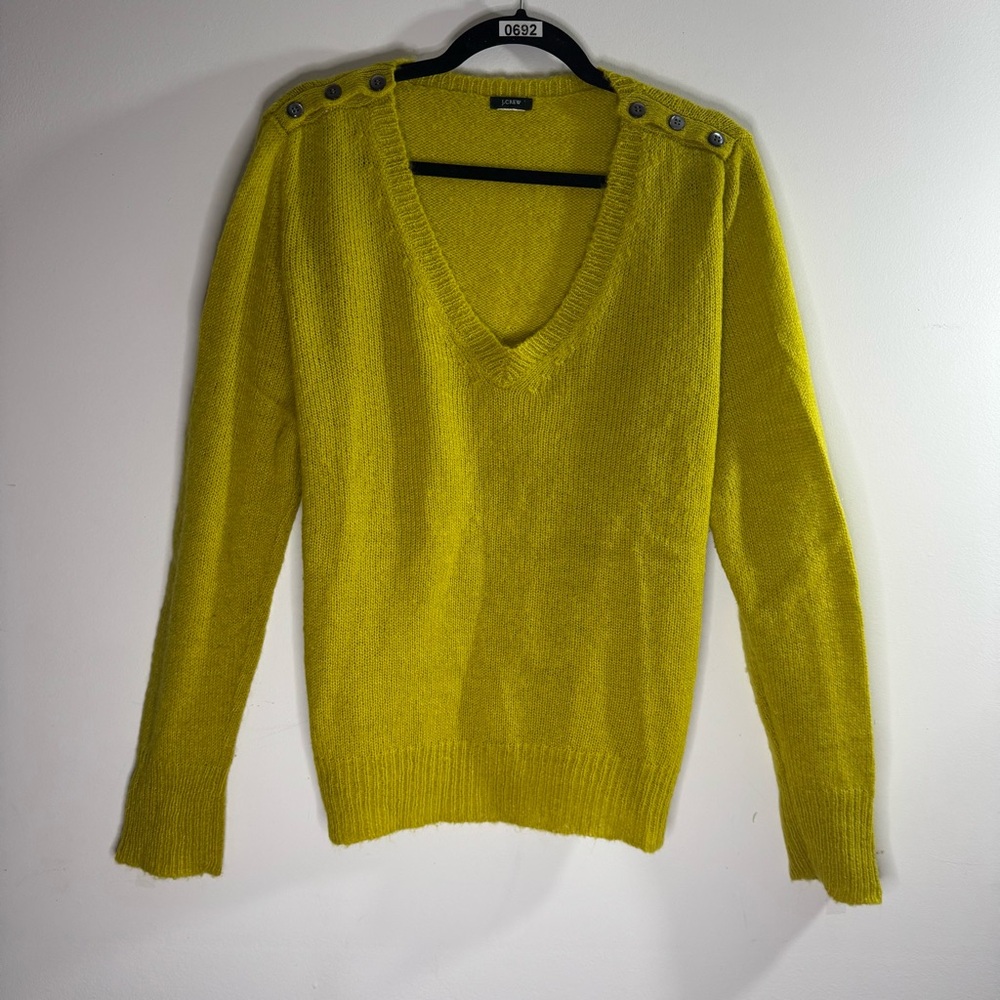J.Crew Chartreuse V Neck Sweater Shoulder Buttons XL